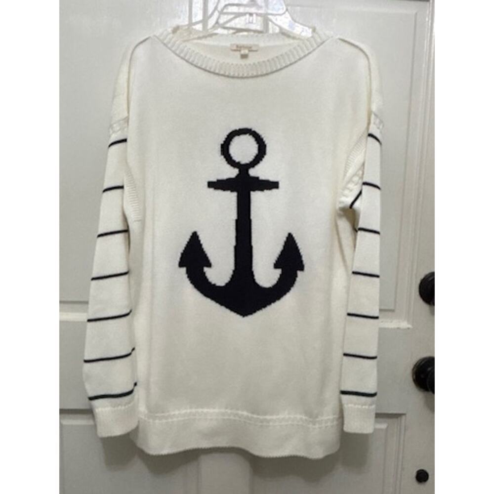 Barbour Sweater Nautical Coastal Anchor Navy White Stripe Crew Neck Sz 16